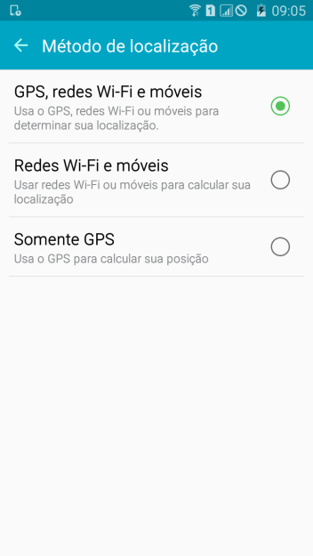 Se você selecionar GPS, redes Wi-Fi e móveis, o seu celular poderá encontrar sua posição precisa com ajuda dos satélites GPS, rede celular e e da rede Wi-Fi próximos à você. O GPS via satélite requer uma visão livre para o céu. Se você selecionar GPS, redes Wi-Fi e móveis, o seu celular poderá encontrar sua posição precisa com ajuda dos satélites GPS, rede celular e e da rede Wi-Fi próximos à você. O GPS via satélite requer uma visão livre para o céu.