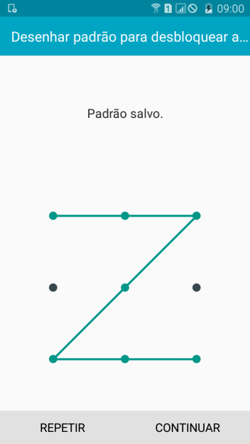 Mova os dedos na tela para conectar pelo menos quatro pontos, e pressione CONTINUAR. Mova os dedos na tela para conectar pelo menos quatro pontos, e pressione CONTINUAR.