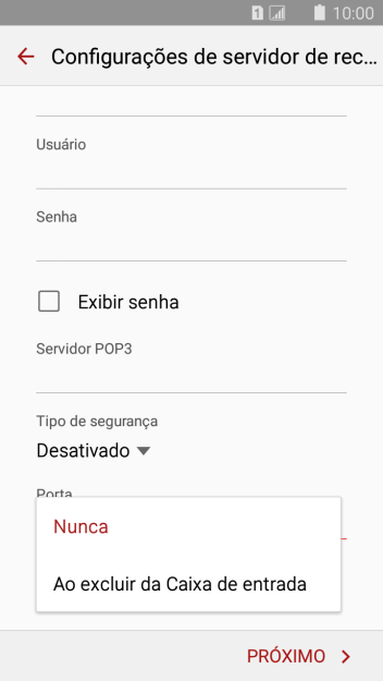 Pressione Nunca para manter os e-mails no servidor, quando você apagá-los do celular. Pressione Nunca para manter os e-mails no servidor, quando você apagá-los do celular.