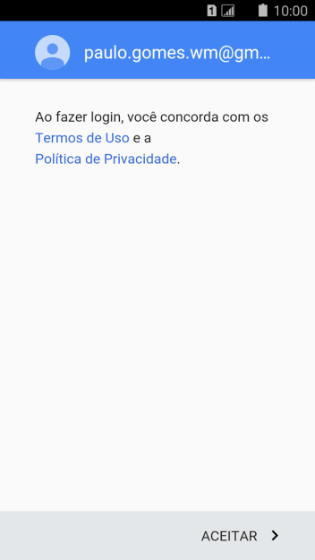 Pressione ACEITAR, e siga as indicações da tela para selecionar as configurações da sua conta Google. Pressione ACEITAR, e siga as indicações da tela para selecionar as configurações da sua conta Google.