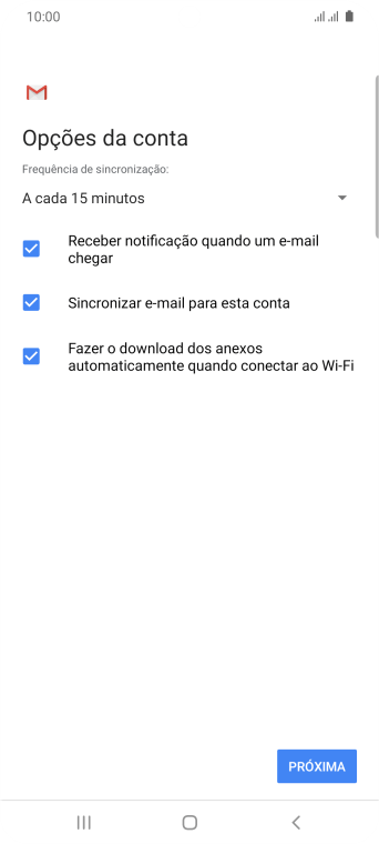 Se a tela mostrar essa imagem, sua conta foi reconhecida e configurada automaticamente. Siga as instruções da tela para inserir mais informações e finalizar a configuração. Se a tela mostrar essa imagem, sua conta foi reconhecida e configurada automaticamente. Siga as instruções da tela para inserir mais informações e finalizar a configuração.