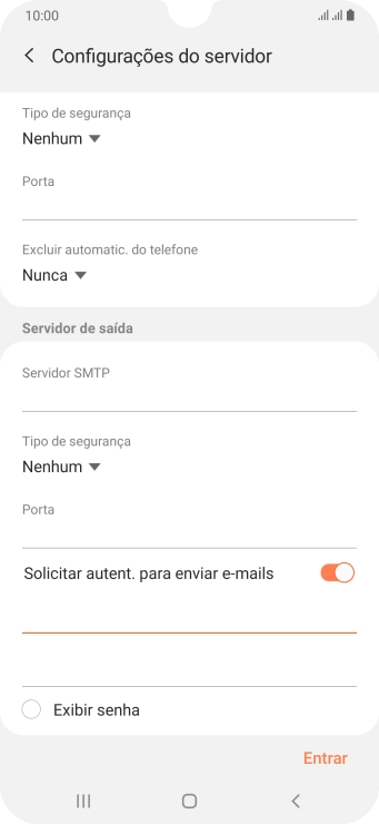 Pressione o campo da senha, e insira a senha do servidor de saída do seu provedor de e-mails. Pressione o campo da senha, e insira a senha do servidor de saída do seu provedor de e-mails.