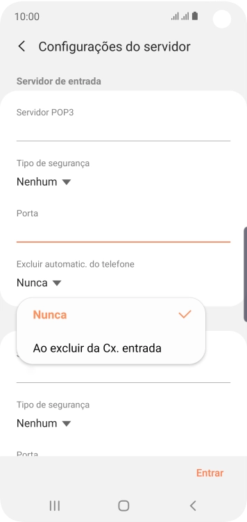 Pressione Nunca para manter os e-mails no servidor, quando você apagá-los do celular. Pressione Nunca para manter os e-mails no servidor, quando você apagá-los do celular.