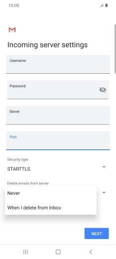 Press Never to keep email on the server when you delete them on your phone. Press Never to keep email on the server when you delete them on your phone.
