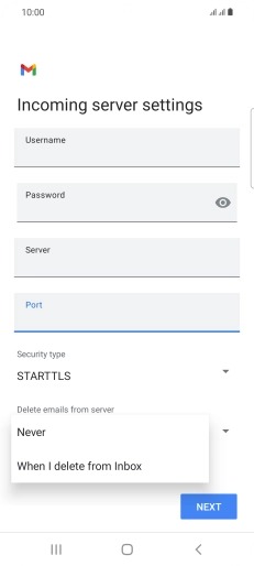 Press Never to keep email on the server when you delete them on your phone. Press Never to keep email on the server when you delete them on your phone.
