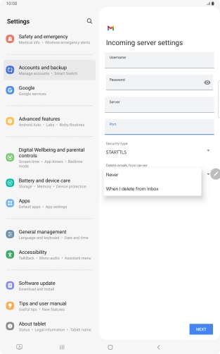 Press Never to keep email messages on the server when you delete them on your tablet. Press Never to keep email messages on the server when you delete them on your tablet.