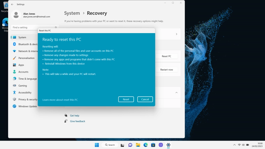 Click Reset. Wait while the factory default settings are restored. Follow the instructions on the screen to set up your laptop and prepare it for use. Click Reset. Wait while the factory default settings are restored. Follow the instructions on the screen to set up your laptop and prepare it for use.