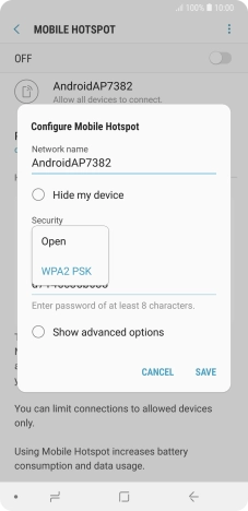 Press WPA2 PSK to password protect your Wi-Fi hotspot. Press WPA2 PSK to password protect your Wi-Fi hotspot.