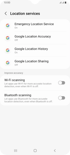 Press Google Location Accuracy. Press Google Location Accuracy.