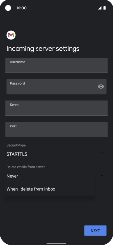 Press Never to keep email on the server when you delete them on your phone. Press Never to keep email on the server when you delete them on your phone.