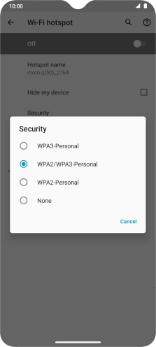 Press WPA3-Personal to password protect your Wi-Fi hotspot. Press WPA3-Personal to password protect your Wi-Fi hotspot.