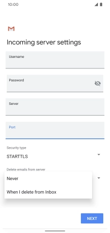 Press Never to keep email on the server when you delete them on your phone. Press Never to keep email on the server when you delete them on your phone.