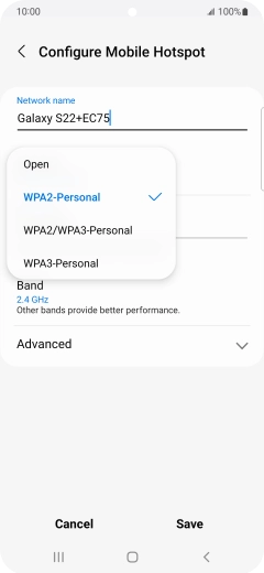 Press WPA3-Personal to password protect your Wi-Fi hotspot. Press WPA3-Personal to password protect your Wi-Fi hotspot.