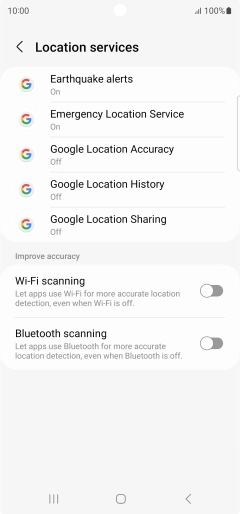 Press Google Location Accuracy. Press Google Location Accuracy.