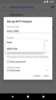 Press WPA2 PSK to password protect your Wi-Fi hotspot. Press WPA2 PSK to password protect your Wi-Fi hotspot.