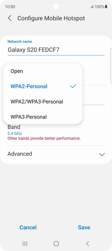 Press WPA3-Personal to password protect your Wi-Fi hotspot. Press WPA3-Personal to password protect your Wi-Fi hotspot.