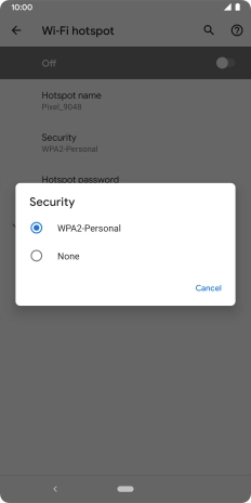Press WPA2-Personal to password protect your Wi-Fi hotspot. Press WPA2-Personal to password protect your Wi-Fi hotspot.