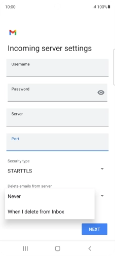 Press Never to keep email on the server when you delete them on your phone. Press Never to keep email on the server when you delete them on your phone.