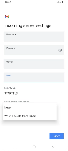Press Never to keep email on the server when you delete them on your phone. Press Never to keep email on the server when you delete them on your phone.