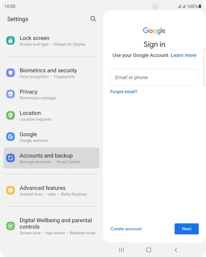 If you don't have a Google account, press Create account and follow the instructions on the screen to create an account. If you don't have a Google account, press Create account and follow the instructions on the screen to create an account.