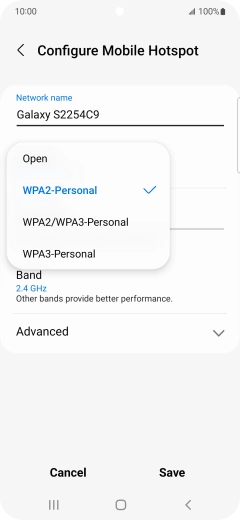 Press WPA3-Personal to password protect your Wi-Fi hotspot. Press WPA3-Personal to password protect your Wi-Fi hotspot.