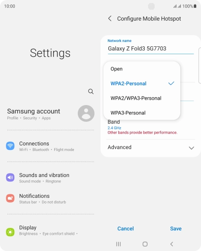 Press WPA3-Personal to password protect your Wi-Fi hotspot. Press WPA3-Personal to password protect your Wi-Fi hotspot.