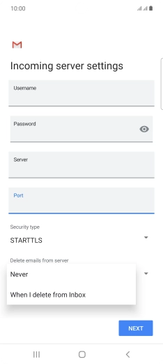 Press Never to keep email on the server when you delete them on your phone. Press Never to keep email on the server when you delete them on your phone.