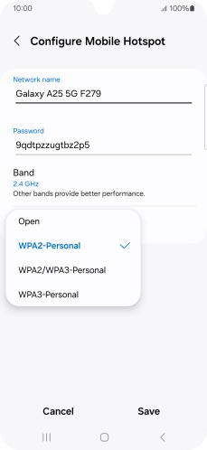 Press WPA3-Personal to password protect your Wi-Fi hotspot. Press WPA3-Personal to password protect your Wi-Fi hotspot.