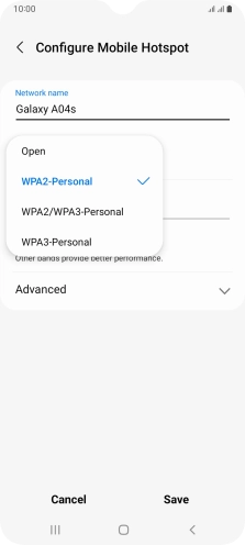 Press WPA3-Personal to password protect your Wi-Fi hotspot. Press WPA3-Personal to password protect your Wi-Fi hotspot.