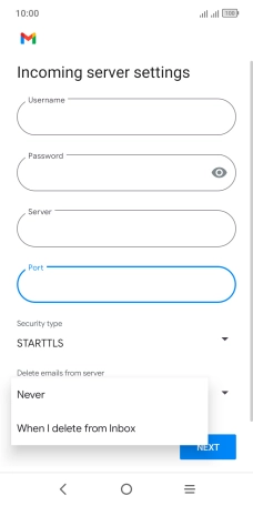 Press Never to keep email on the server when you delete them on your phone. Press Never to keep email on the server when you delete them on your phone.