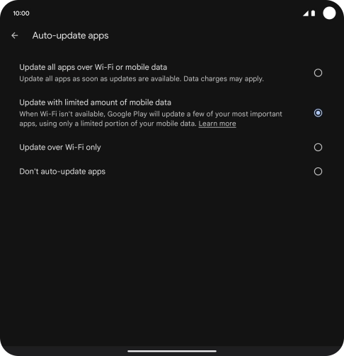 To turn on automatic update of apps using mobile network, press Update all apps over Wi-Fi or mobile data. To turn on automatic update of apps using mobile network, press Update all apps over Wi-Fi or mobile data.