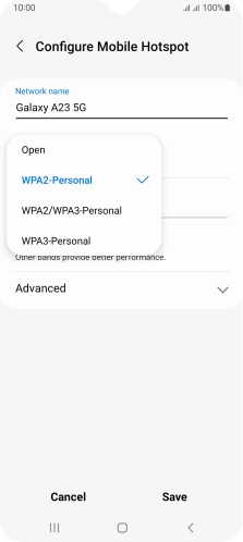Press WPA3-Personal to password protect your Wi-Fi hotspot. Press WPA3-Personal to password protect your Wi-Fi hotspot.