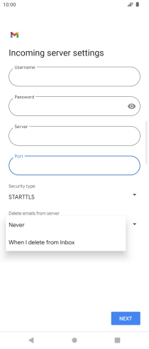 Press Never to keep email on the server when you delete them on your phone. Press Never to keep email on the server when you delete them on your phone.