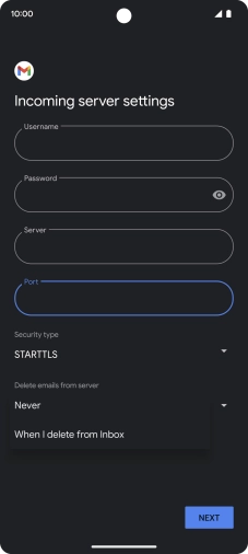Press Never to keep email on the server when you delete them on your phone. Press Never to keep email on the server when you delete them on your phone.