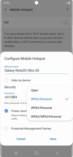 Press WPA2-Personal to password protect your Wi-Fi hotspot. Press WPA2-Personal to password protect your Wi-Fi hotspot.