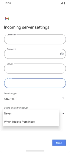 Press Never to keep email on the server when you delete them on your phone. Press Never to keep email on the server when you delete them on your phone.