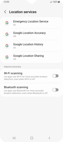 Press Google Location Accuracy. Press Google Location Accuracy.