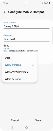 Press WPA3-Personal to password protect your Wi-Fi hotspot. Press WPA3-Personal to password protect your Wi-Fi hotspot.