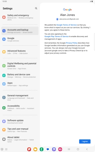 Press I agree and follow the instructions on the screen to select settings for your Google account. Press I agree and follow the instructions on the screen to select settings for your Google account.