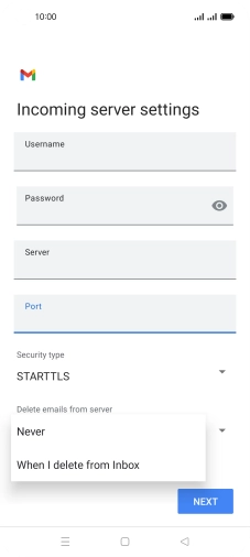 Press Never to keep email on the server when you delete them on your phone. Press Never to keep email on the server when you delete them on your phone.