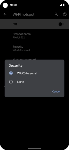 Press WPA2-Personal to password protect your Wi-Fi hotspot. Press WPA2-Personal to password protect your Wi-Fi hotspot.
