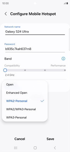 Press WPA3-Personal to password protect your Wi-Fi hotspot. Press WPA3-Personal to password protect your Wi-Fi hotspot.