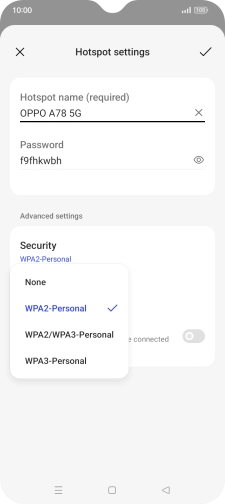 Press WPA3-Personal to password protect your Wi-Fi hotspot. Press WPA3-Personal to password protect your Wi-Fi hotspot.