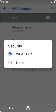 Press WPA2 PSK to password protect your Wi-Fi hotspot. Press WPA2 PSK to password protect your Wi-Fi hotspot.