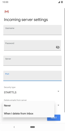 Press Never to keep email on the server when you delete them on your phone. Press Never to keep email on the server when you delete them on your phone.