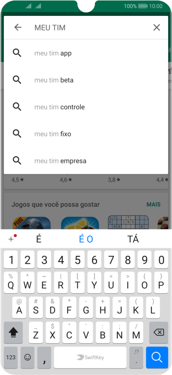 Digite MEU TIM, e pressione o ícone de busca. Digite MEU TIM, e pressione o ícone de busca.