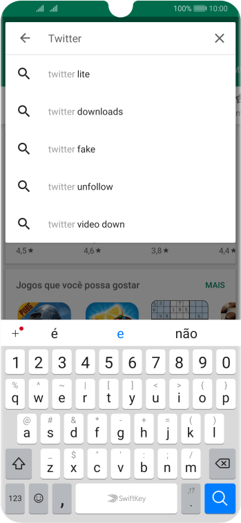 Digite Twitter e pressione o ícone de busca. Digite Twitter e pressione o ícone de busca.