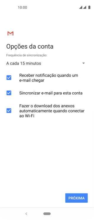 Se a tela mostrar essa imagem, sua conta foi reconhecida e configurada automaticamente. Siga as instruções da tela para inserir mais informações e finalizar a configuração. Se a tela mostrar essa imagem, sua conta foi reconhecida e configurada automaticamente. Siga as instruções da tela para inserir mais informações e finalizar a configuração.