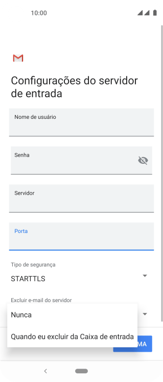 Pressione Nunca para manter os e-mails no servidor, quando você apagá-los do celular. Pressione Nunca para manter os e-mails no servidor, quando você apagá-los do celular.
