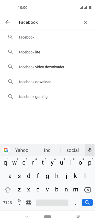 Digite Facebook e pressione o ícone de busca. Digite Facebook e pressione o ícone de busca.